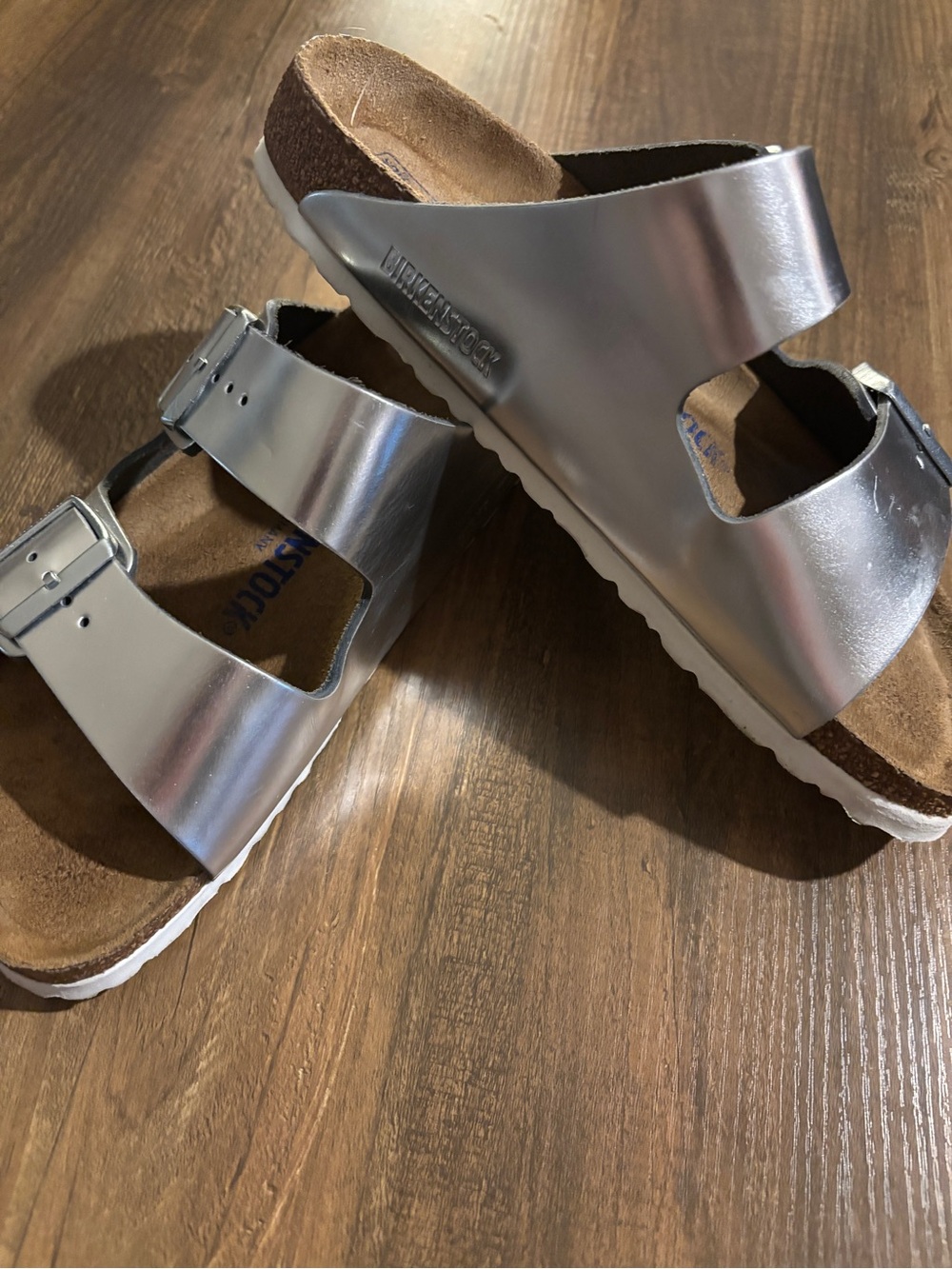 Birkenstock Women’s Metallic Silver Arizona Two-Strap Sandals - Picture 2 of 3